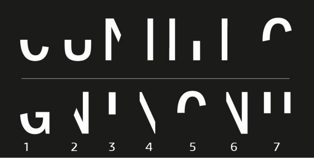 Row 1 shows a word with 7 partial letters. Row 2 contains the parts that complete the word in Row 1. The parts in Row 2 are arranged randomly. What should be the correct sequence in Row 2?