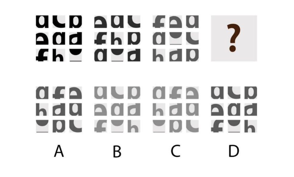 Three blocks of stylised text are shown in a pattern. Which option correctly completes the pattern as the fourth block?