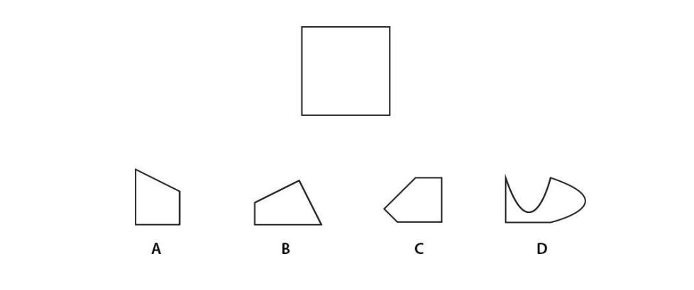 Which of the pieces could be used four times individually to form a square? The pieces can be rotated and flipped but should not be overlapped.