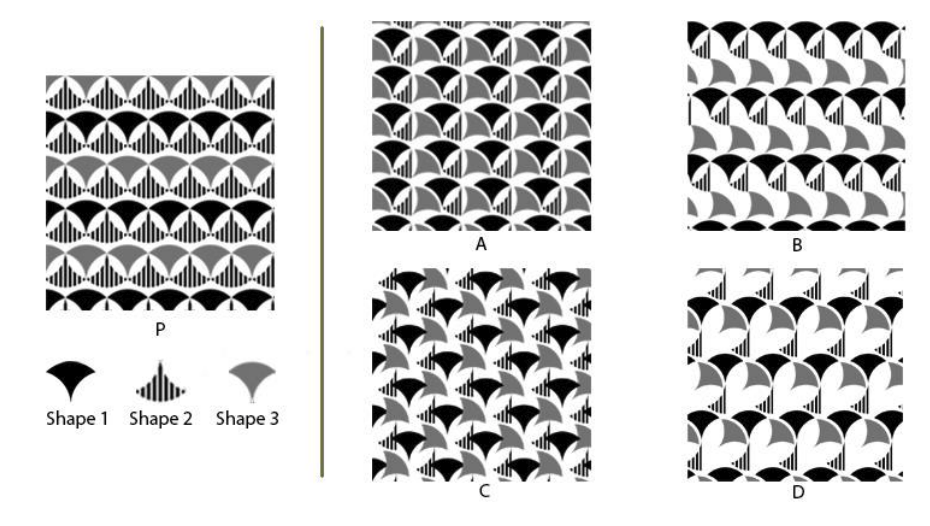 Given below is a pattern P, composed of three different shapes 1, 2, and 3. Which options show the pattern(s) that is/are possible if the shape 2 is cut in half along the vertical axis, the shape 3 is rotated clockwise at the center by 45 degrees, and the shape 1 remains unchanged? Overlapping of shapes is not allowed.